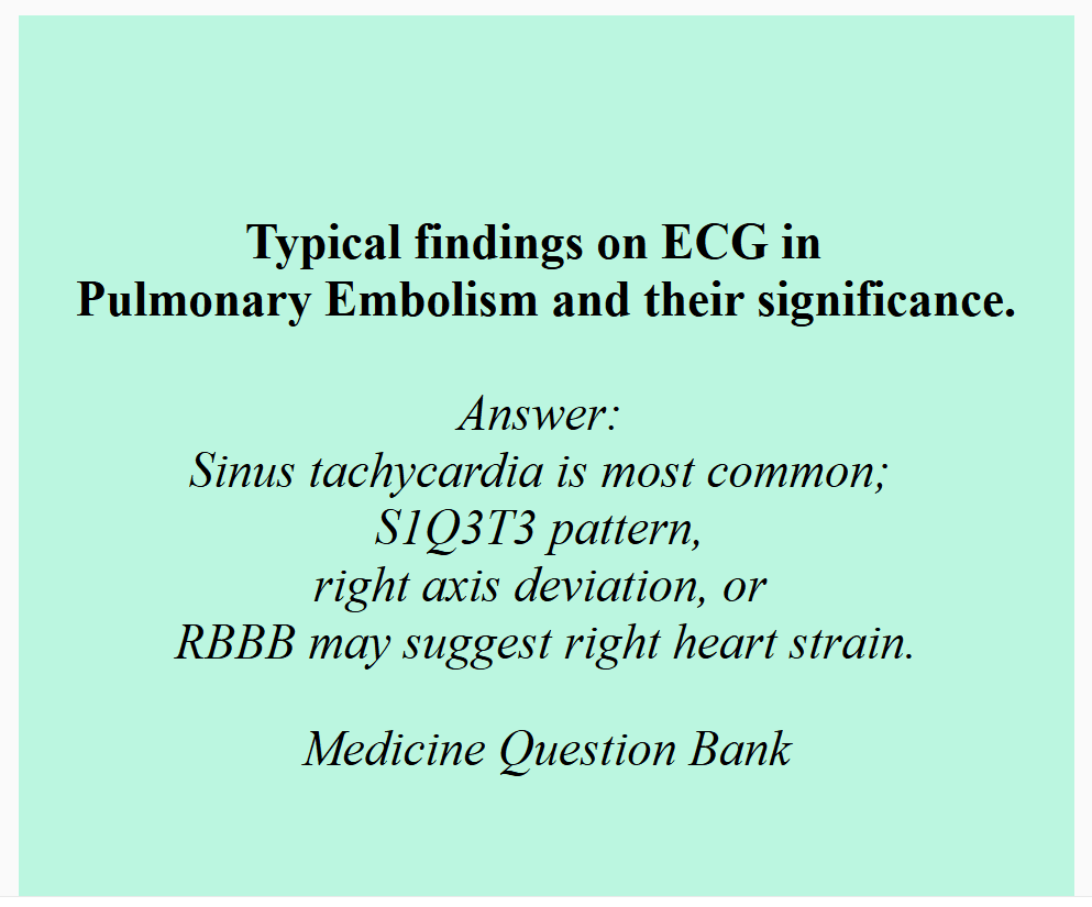 "Infographic summarizing 20 key clinical features of pulmonary embolism: includes symptoms like dyspnea, pleuritic chest pain, tachycardia, hemoptysis, cyanosis, and signs like S1Q3T3 ECG pattern, elevated JVP, loud P2, Westermark’s sign, and Hampton’s hump. Designed for medical education and exam review."