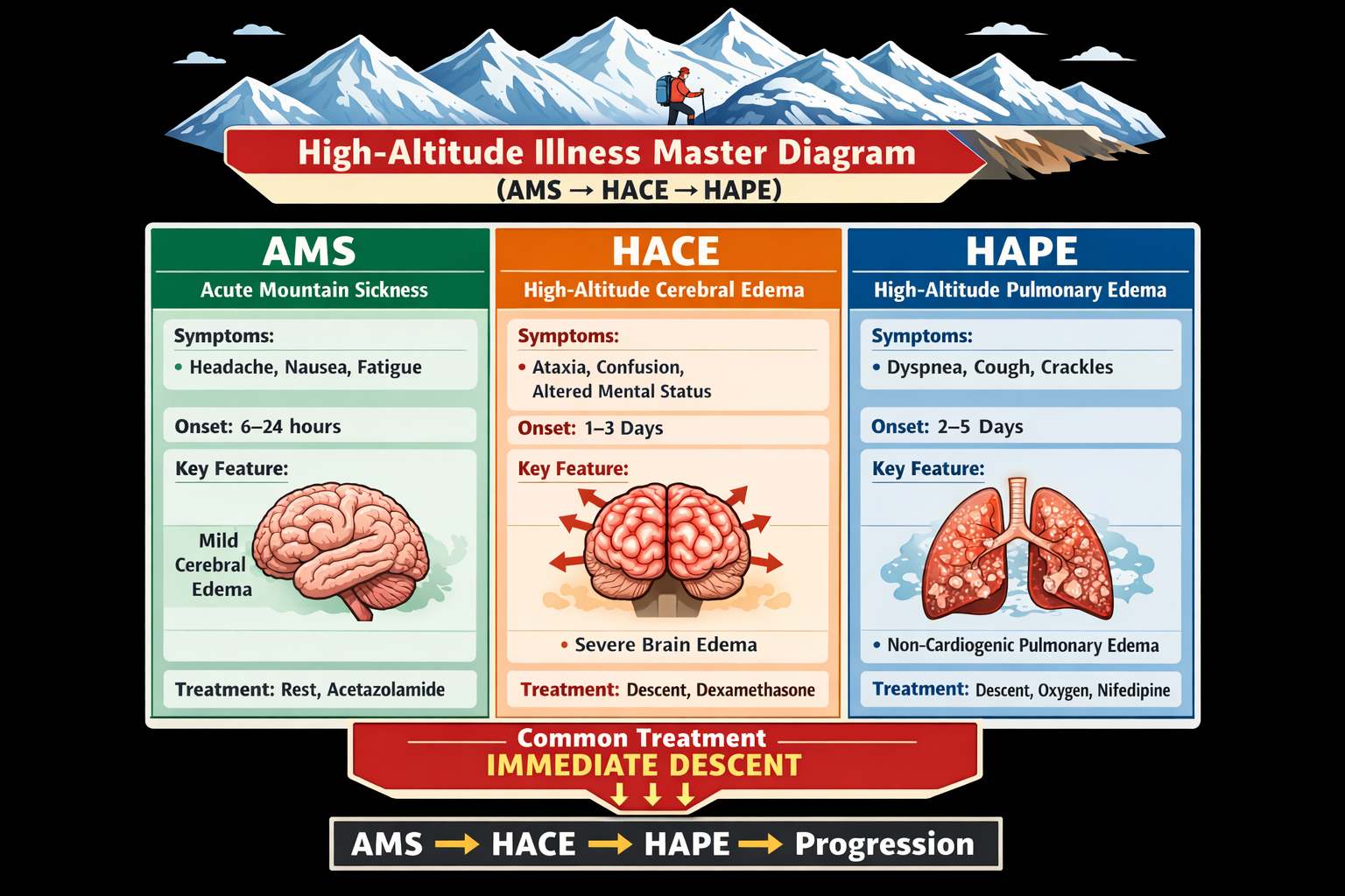 HAPE symptoms illustration pulmonary edema